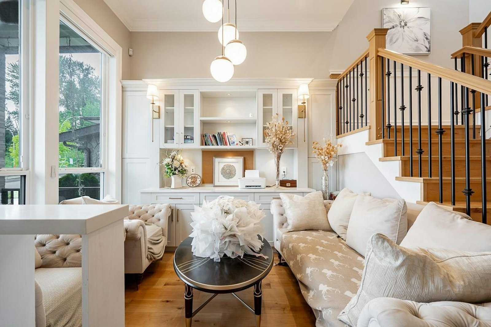 Great room with built-in shelving