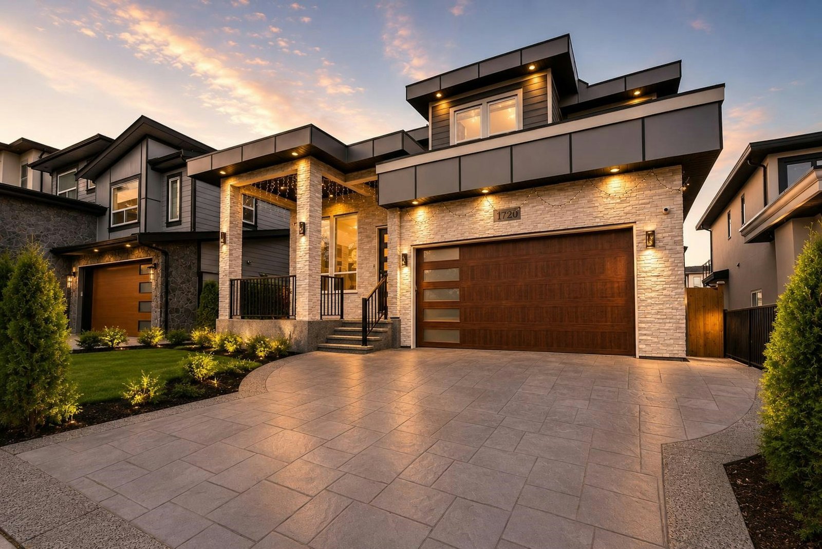 Front exterior and driveway at dusk