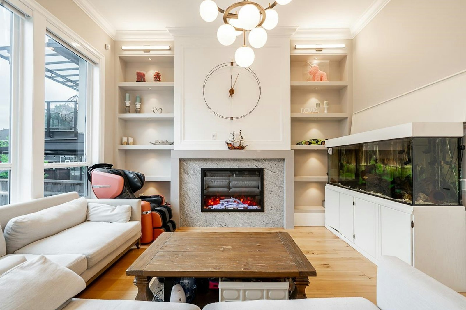 Lower-level family room with fireplace