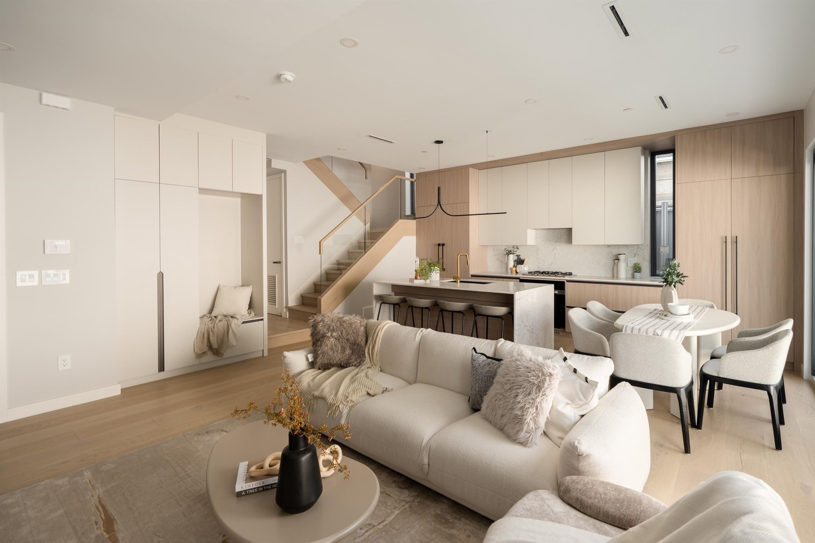 Open-plan living area with piano and staircase at 2-2941 W 29th Ave, Mackenzie Heights, Vancouver
